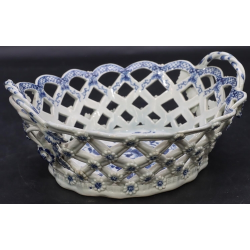 169 - An 18th Century Worcester blue and white oval 2-handled basket with pierced gallery and raised encru... 