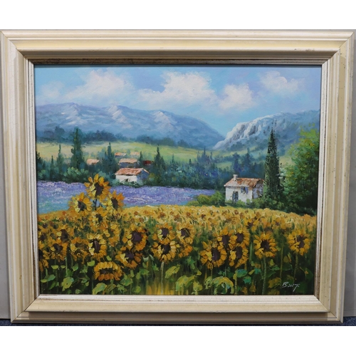 179 - An oil on canvas, depicting Alpine view of sunflowers with lake and hills in background, indistinctl... 