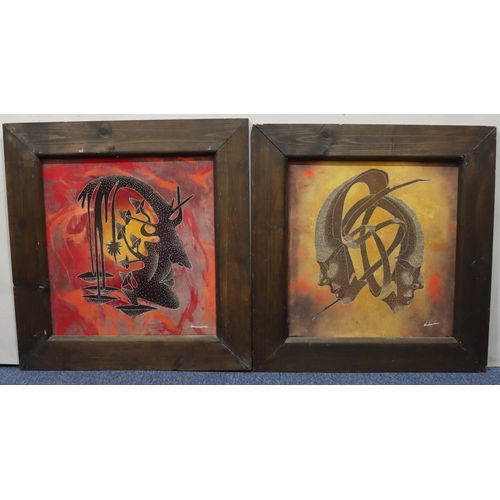 185 - A pair of African oil on material colourful abstracts of heads, both indistinctly signed, framed, 47... 