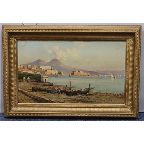 189 - A Continental oil on board, depicting figures standing next to moored boats with city and Mount Vesu... 