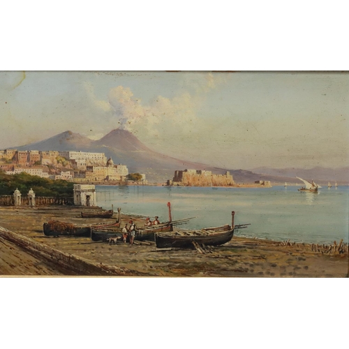 189 - A Continental oil on board, depicting figures standing next to moored boats with city and Mount Vesu... 