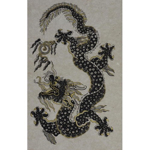 191 - A pen, ink and gilt sketch of a dragon, mounted but unframed, 42cm x 63cm