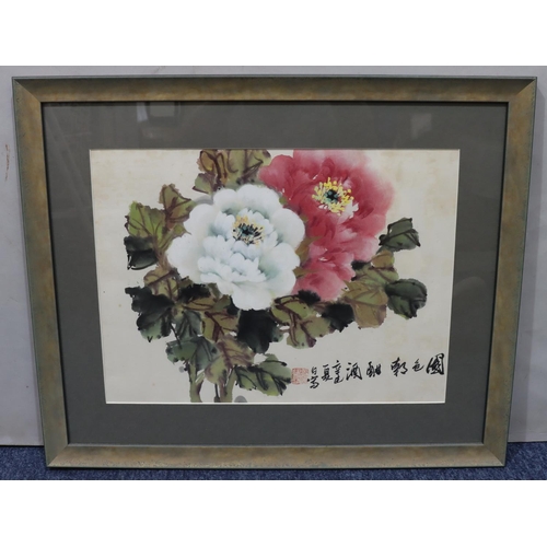 195 - An Oriental floral watercolour, 32.5cm x 44cm, in silvered wood frame