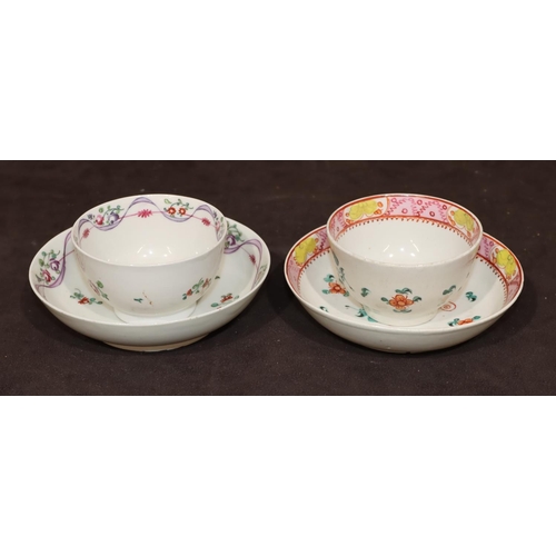 20 - A Newhall tea bowl and saucer on white puce ground with coloured floral and leaf decoration, another... 