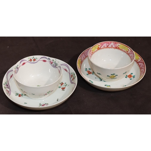 20 - A Newhall tea bowl and saucer on white puce ground with coloured floral and leaf decoration, another... 