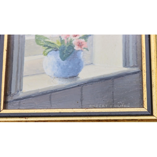 202 - Robert Hughes (1934-2010) 2 miniature oils depicting garden pots of flowers and vase of flowers on w... 