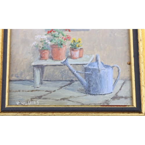 202 - Robert Hughes (1934-2010) 2 miniature oils depicting garden pots of flowers and vase of flowers on w... 