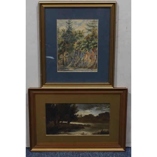 205 - An oil on board depicting river landscape, 13.5cm x 25cm, in gilt frame and a watercolour, woodland ... 