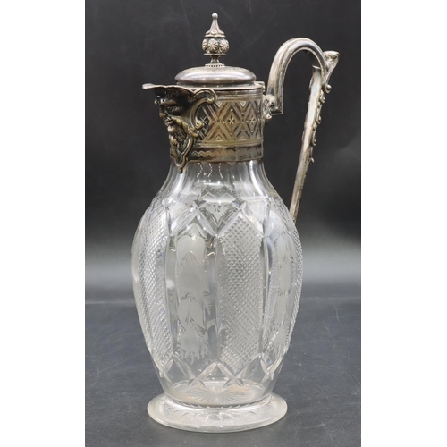 211 - A 19th Century cut glass round bulbous shaped claret jug with silver plated neck, hinged lid and scr... 