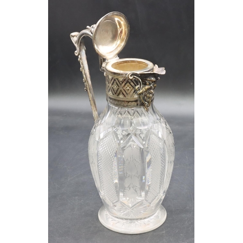 211 - A 19th Century cut glass round bulbous shaped claret jug with silver plated neck, hinged lid and scr... 