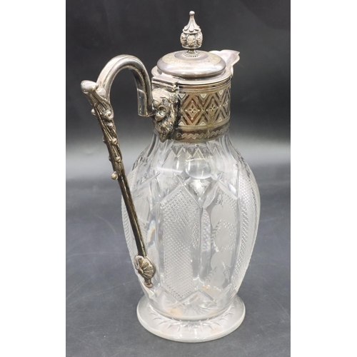 211 - A 19th Century cut glass round bulbous shaped claret jug with silver plated neck, hinged lid and scr... 