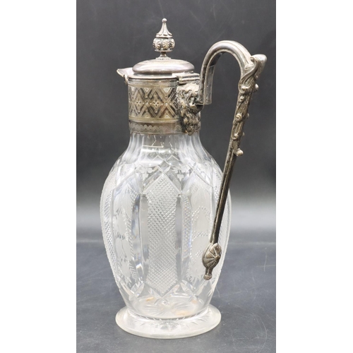 211 - A 19th Century cut glass round bulbous shaped claret jug with silver plated neck, hinged lid and scr... 