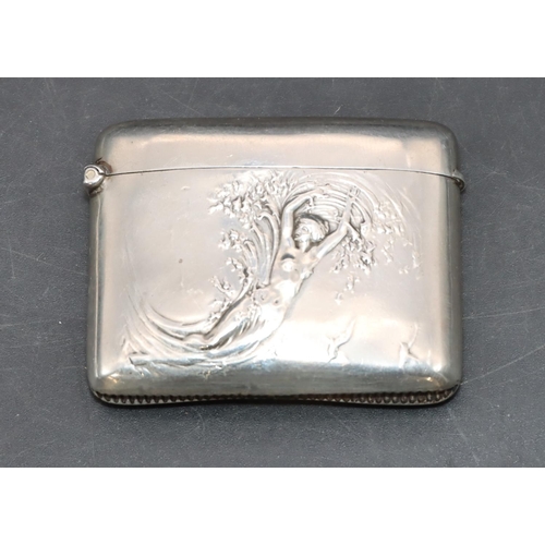 218 - A Victorian Art Nouveau silver concave shaped vesta case with embossed figure of a female nude, hing... 