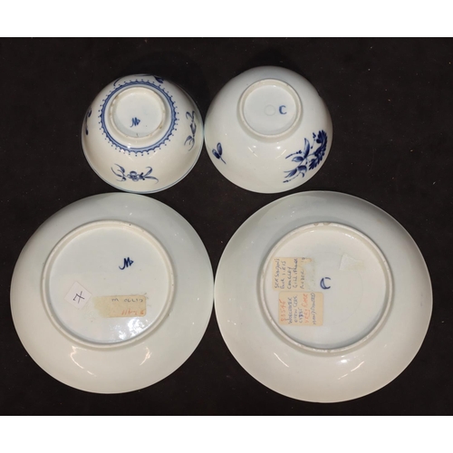 23 - An 18th Century Worcester blue and white tea bowl and saucer with allover floral and leaf decoration... 