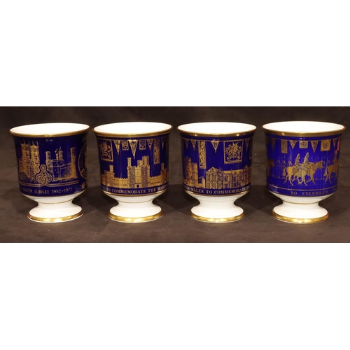 3 - 4 Coalport commemorative bone china goblets on white and blue ground with gilt decoration, 12cm high... 