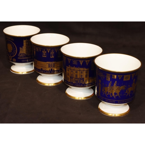 3 - 4 Coalport commemorative bone china goblets on white and blue ground with gilt decoration, 12cm high... 