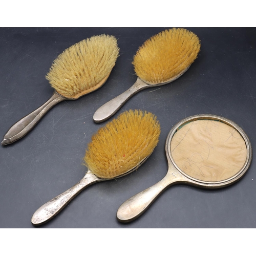 373 - A 3-piece Birmingham silver and yellow enamelled dressing table set, hand mirror (no mirror) and 2 b... 