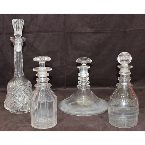 38 - A heavy cut glass bell shaped thin necked decanter with stopper, 39.5cm high, a 19th Century cut gla... 