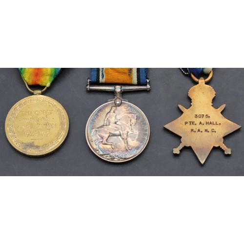 393 - A set of 3 WWI military medals, 1914/18 medal, War Medal and 1914-15 Star 3075 Pte.A.Hall. R.A.M.C.