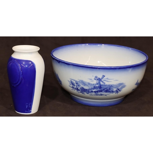 4 - A Ridgeways blue and white fruit bowl with windmill, sailing boat and landscape decoration, 24cm dia... 