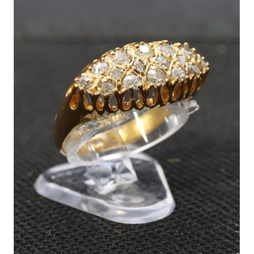 400 - A high carat gold boat shaped cluster ring set with 16 graduated diamonds, size P/Q, 4.7 grams, appr... 