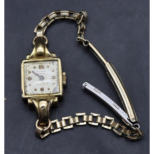 405 - An 18ct gold ladies' Libelle wristwatch with square silvered dial and later plated bracelet, case ap... 