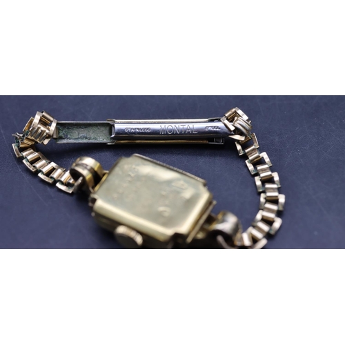 405 - An 18ct gold ladies' Libelle wristwatch with square silvered dial and later plated bracelet, case ap... 