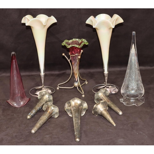 41 - A pair of milk glass round trumpet shaped epergne vases with scallop shaped tops on silver plated ba... 