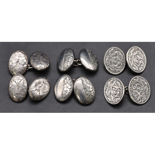 413 - 3 pairs of Victorian oval silver gentlemen's cufflinks, 15 grams