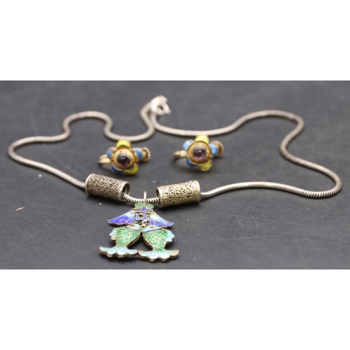 423 - A silver snake linked chain mounted with enamelled panel in the form of 2 fish and a pair of earring... 