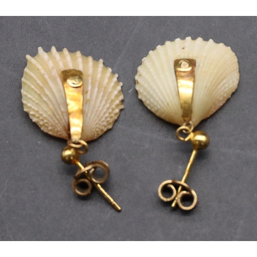 435 - A pair of gold and Mother of Pearl drop earrings in the form of shells mounted with pearls, cased