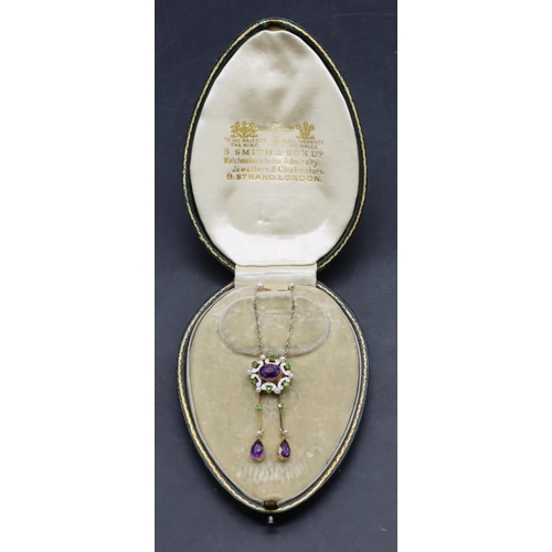 437 - A high carat gold Suffragette pendant with 2 drops mounted with amethysts, green stones, pearls and ... 