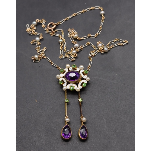 437 - A high carat gold Suffragette pendant with 2 drops mounted with amethysts, green stones, pearls and ... 