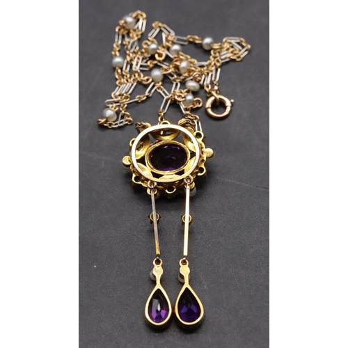 437 - A high carat gold Suffragette pendant with 2 drops mounted with amethysts, green stones, pearls and ... 