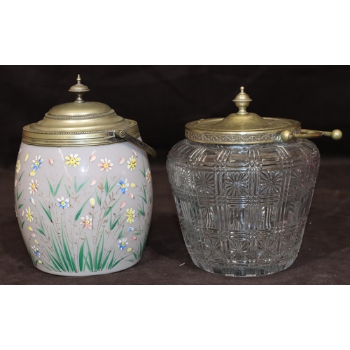 44 - An Opaline glass round bulbous biscuit barrel with silver plated neck, swing overhead handle and cov... 