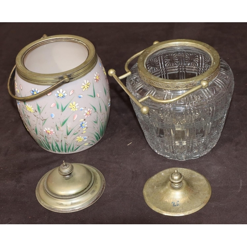 44 - An Opaline glass round bulbous biscuit barrel with silver plated neck, swing overhead handle and cov... 