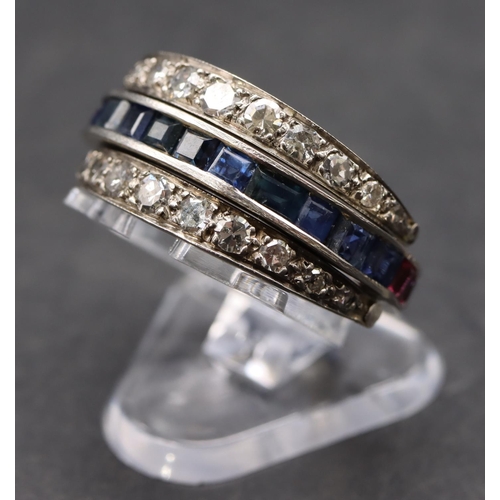 440 - A platinum interchangeable ruby, sapphire and diamond full eternity ring, size N, 4.3 grams gross