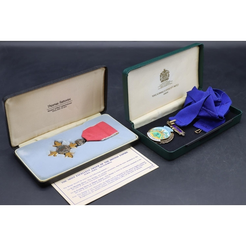 444 - A cased OBE in Thomas Fattorni case and a Birmingham silver gilt and enamelled Chairman Badge inscri... 