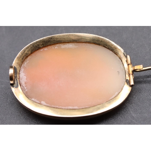 447 - A 9ct gold oval cameo brooch with raised urn and bird motifs, 3cm wide, 3.8 grams gross