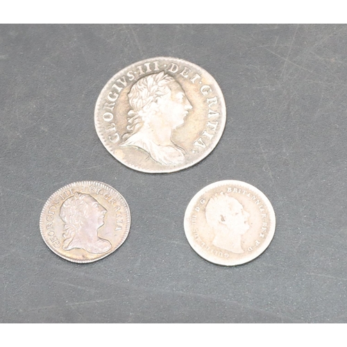 462 - 2 silver Maundy coins, 1781 silver Penny, 1763 Threepence and a similar One and Half Pence Victorian... 