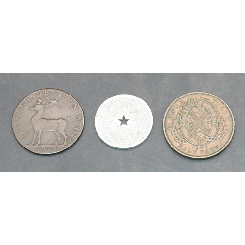 464 - An 18th Century Devizes Bank Token 1796, a Canadian Bank Token 1844 and an American Railway Token 19... 