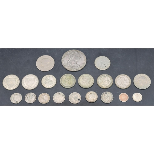 465 - A Maria Theresa 18th Century Thaler silver coin 1780 and a selection of European silver coins, 119 g... 