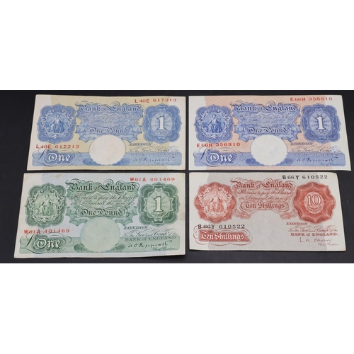 472 - 2 Peppiatt blue £1 notes, a Pepiatt green £1 note and an O'Brien Ten Shilling note (4)