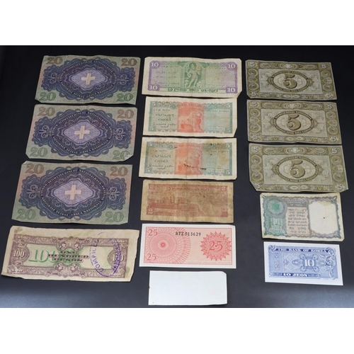 474 - A selection of Asian and European bank notes including 75 Swiss Francs and others