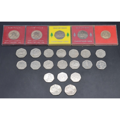 477 - 2 Isle of Mann Christmas 50p coins (cased) and other cased coins and a selection of various 50p coin... 