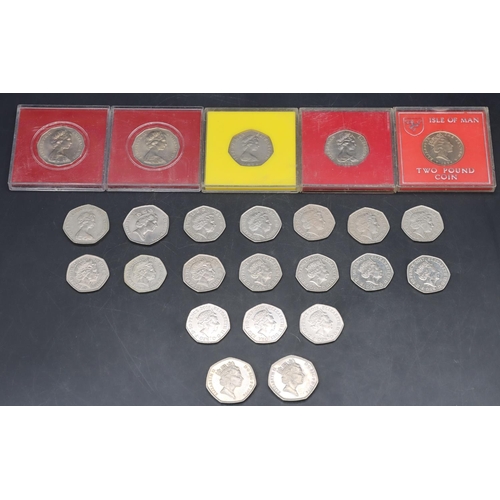 477 - 2 Isle of Mann Christmas 50p coins (cased) and other cased coins and a selection of various 50p coin... 