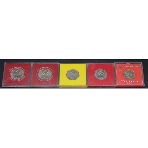 477 - 2 Isle of Mann Christmas 50p coins (cased) and other cased coins and a selection of various 50p coin... 