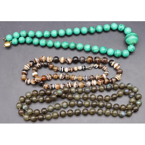 504 - An unusual green hardstone bead necklace, a malachite graduated bead necklace with 9ct gold clasp an... 