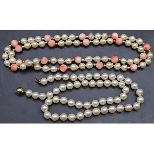 506 - A cultured pearl and 9ct gold clasp necklace, 46.5cm long and a cultured pearl and coral bead neckla... 