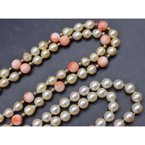 506 - A cultured pearl and 9ct gold clasp necklace, 46.5cm long and a cultured pearl and coral bead neckla... 